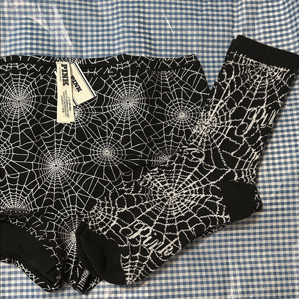 PINK Victoria's Secret Black Spiderweb Panties and Crew Sock Bundle